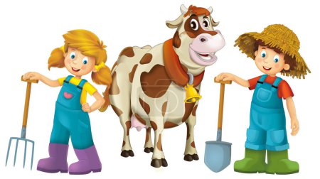 Téléchargez les photos : Scène de dessin animé avec fille et garçon fermier debout avec fourche et vache de ferme taureau isolé illustation de fond pour les enfants - en image libre de droit