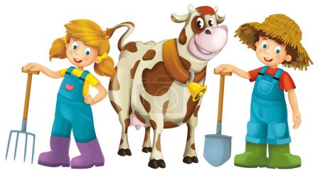 Téléchargez les photos : Scène de dessin animé avec fille et garçon fermier debout avec fourche et vache de ferme taureau isolé illustation de fond pour les enfants - en image libre de droit