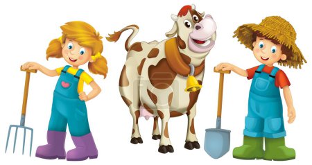 Foto de Escena de dibujos animados con niña agricultora y niño de pie con horquilla y granja animal vaca toro fondo aislado ilustración para niños - Imagen libre de derechos