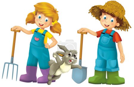 Foto de Escena de dibujos animados con chica agricultor y niño de pie con horquilla y animal de granja conejo conejo liebre aislado fondo ilustración para niños - Imagen libre de derechos