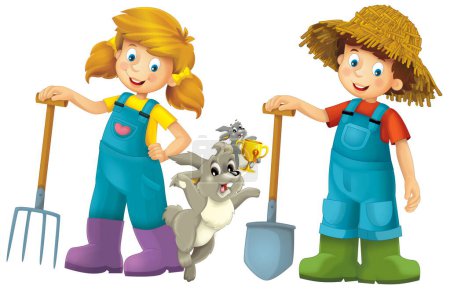 Photo for Cartoon scene with farmer girl and boy  standing with pitchfork and farm animal rabbit bunny hare isolated background illustation for children - Royalty Free Image