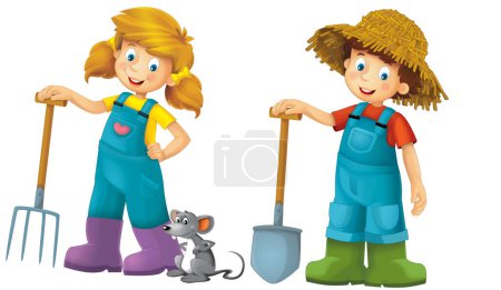 cartoon scene with farmer girl and boy standing with pitchfork and farm animal mouse rat rodent isolated background illustation for children