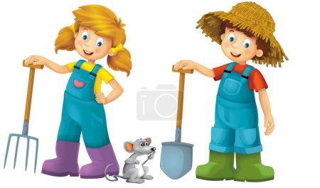 Photo for Cartoon scene with farmer girl and boy standing with pitchfork and farm animal mouse rat rodent isolated background illustation for children - Royalty Free Image