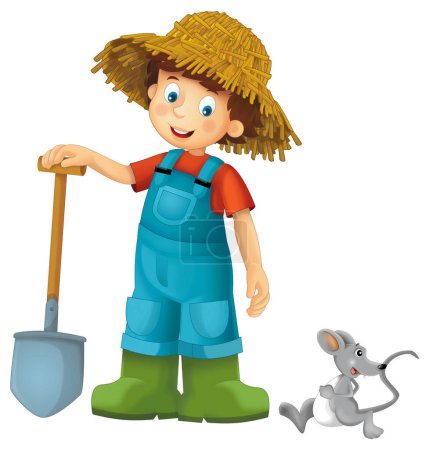 Foto de Escena de dibujos animados con granjero hombre de pie con horquilla y granja animal ratón rata roedor aislado fondo ilustración para niños - Imagen libre de derechos