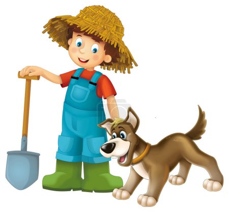 Foto de Escena de dibujos animados con hombre granjero de pie con horquilla y perro de granja fondo aislado ilustración para niños - Imagen libre de derechos