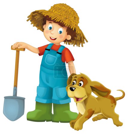 Photo for Cartoon scene with farmer boy man standing with pitchfork and farm animal dog isolated background illustation for children - Royalty Free Image