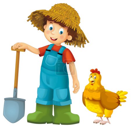 Foto de Escena de dibujos animados con el hombre granjero de pie con horquilla y ave de granja gallina fondo aislado ilustración para niños - Imagen libre de derechos