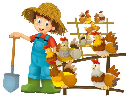 Photo for Cartoon scene with farmer boy man standing with pitchfork and farm animal bird hen isolated background illustation for children - Royalty Free Image