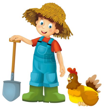 Foto de Escena de dibujos animados con el hombre granjero de pie con horquilla y ave de granja gallina fondo aislado ilustración para niños - Imagen libre de derechos