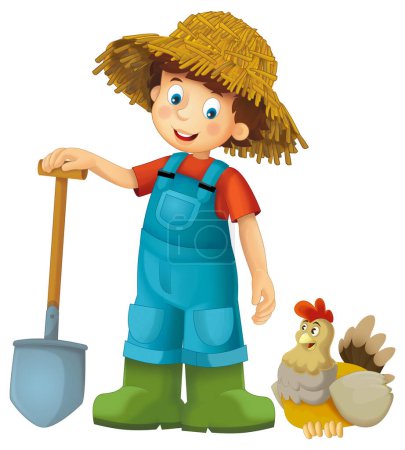 Photo for Cartoon scene with farmer boy man standing with pitchfork and farm animal bird hen isolated background illustation for children - Royalty Free Image