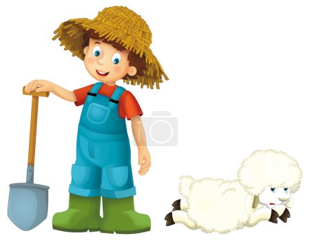 Foto de Escena de dibujos animados con el hombre granjero de pie con horquilla y oveja de granja fondo aislado ilustración para niños - Imagen libre de derechos