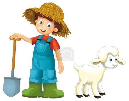 Téléchargez les photos : Scène de dessin animé avec agriculteur garçon homme debout avec fourche et ferme animal mouton isolé fond illustation pour les enfants - en image libre de droit