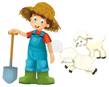 Photo for Cartoon scene with farmer boy man standing with pitchfork and farm animal sheep isolated background illustation for children - Royalty Free Image