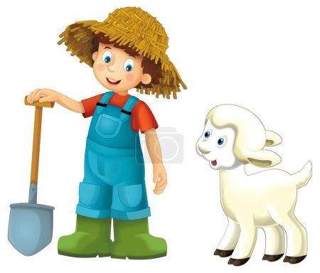 Foto de Escena de dibujos animados con el hombre granjero de pie con horquilla y oveja de granja fondo aislado ilustración para niños - Imagen libre de derechos