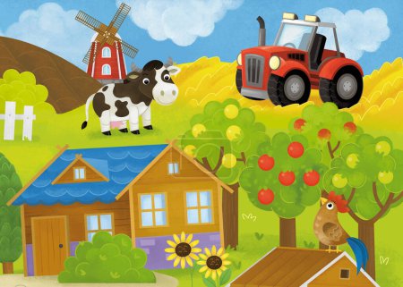 cartoon summer scene with farm ranch enclosure backyard garden and happy animals barn chicken coop or pigsty illustration for kids