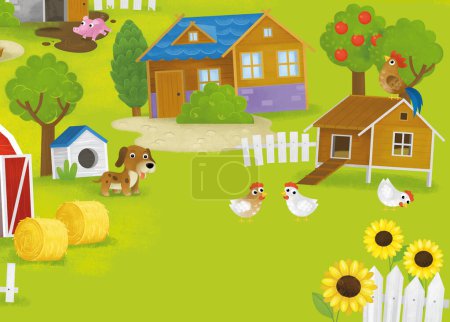 Cartoon-Sommer-Szene mit Bauernhof Ranch Gehege Hinterhof Garten und glückliche Tiere Scheune Hühnerstall oder Schweinestall Illustration für Kinder