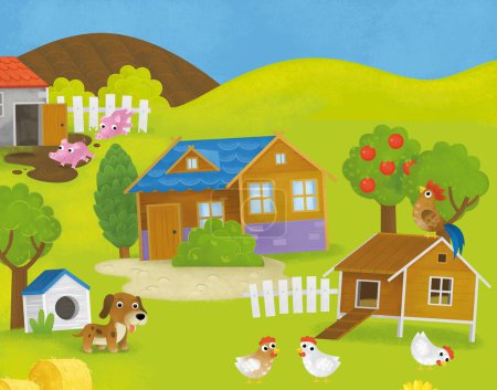 Téléchargez les photos : Dessin animé scène d'été avec ferme ranch enceinte jardin arrière-cour et animaux heureux poulailler poulailler poulailler ou illustration porcine pour enfants - en image libre de droit