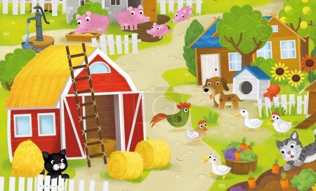 cartoon summer scene with farm ranch enclosure backyard garden and happy animals barn chicken coop or pigsty illustration for kids