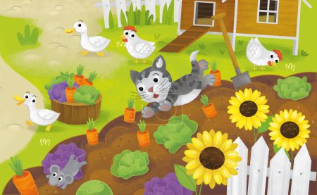 Photo for Cartoon summer scene with farm ranch enclosure backyard garden and happy animals barn chicken coop or pigsty illustration for kids - Royalty Free Image