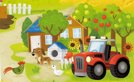 Cartoon-Sommer-Szene mit Bauernhof Ranch Gehege Hinterhof Garten und glückliche Tiere Scheune Hühnerstall oder Schweinestall mit Auto Fahrzeug Traktor Illustration für Kinder