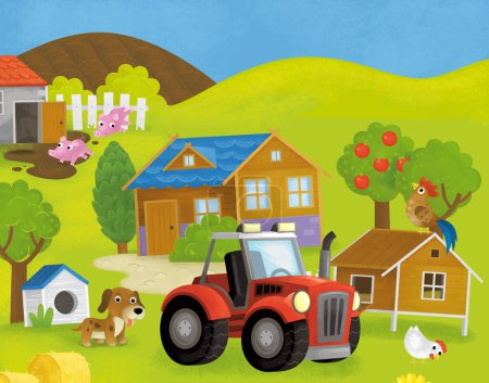 escena de verano de dibujos animados con granja rancho recinto jardín patio trasero y animales felices granero gallinero o pocilga con coche vehículo tractor ilustración para niños