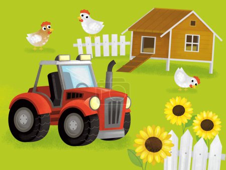 cartoon summer scene with farm ranch enclosure backyard garden and happy animals barn chicken coop or pigsty with car vehicle tractor illustration for kids
