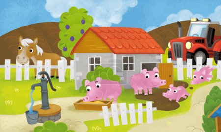 escena de verano de dibujos animados con granja rancho recinto jardín patio trasero y animales felices granero gallinero o pocilga con coche vehículo tractor ilustración para niños