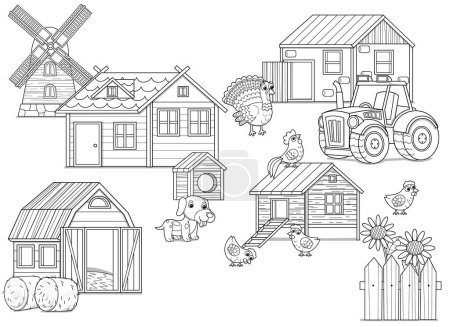 Cartoon-Szene mit Bauernhof Ranch Dorf Gebäude Windmühle Scheune Hühnerstall Tiere Kuh Pferd Hühner Hund Katze und Traktor Skizze Zeichnung Illustration für Kinder