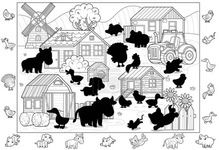 cartoon scene with farm ranch village buildings windmill barn chicken coop animals cow horse chickens dog cat and tractor sketch drawing illustration for kids