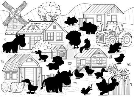 Photo for Cartoon scene with farm ranch village buildings windmill barn chicken coop animals cow horse chickens dog cat and tractor sketch drawing illustration for kids - Royalty Free Image