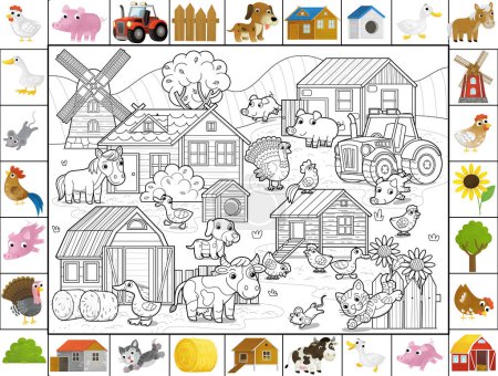 Foto de Escena de dibujos animados con granja rancho pueblo edificios molino de viento granero gallinero animales vaca caballo pollos perro gato y tractor bosquejo dibujo ilustración para niños - Imagen libre de derechos