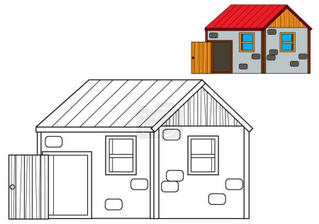 cartoon scene with farm ranch barn or pigsty coloring page drawing isolated background with colorful preview illustration for kids