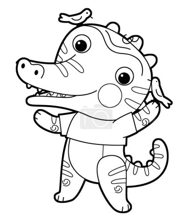 Foto de Escena de dibujos animados con divertido dinosaurio dino lagarto niño dragón divertirse jugando jardín de infantes aislado fondo ilustración en blanco y negro - Imagen libre de derechos