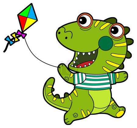 Téléchargez les photos : Scène de dessin animé avec heureux drôle dinosaure dino lézard dragon enfant enfant avoir plaisir à jouer maternelle coloré isolé illustration de fond - en image libre de droit