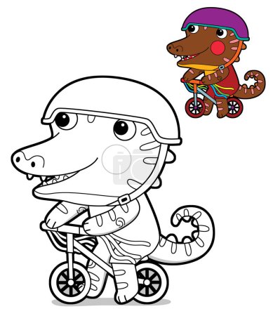 Téléchargez les photos : Scène de dessin animé avec heureux drôle dinosaure dino lézard dragon enfant s'amuser à vélo vélo enfance jouer maternelle isolé arrière-plan coloré page d'illustration joyeuse avec aperçu - en image libre de droit