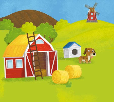 Cartoon-Sommer-Szene mit Bauernhof Ranch Gehege Hinterhof Garten und glückliche Tiere Hund Katzen Scheune Hühnerstall oder Schweinestall mit Auto Fahrzeug Traktor Illustration für Kinder