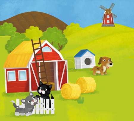 Foto de Escena de verano de dibujos animados con granja rancho recinto jardín patio trasero y animales felices perro gatos granero gallinero o pocilga con coche vehículo tractor ilustración para niños - Imagen libre de derechos