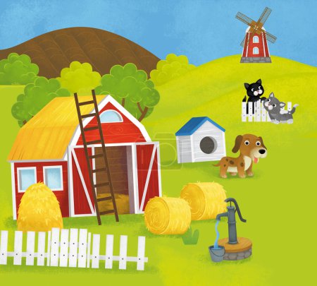 escena de verano de dibujos animados con granja rancho recinto jardín patio trasero y animales felices perro gatos granero gallinero o pocilga con coche vehículo tractor ilustración para niños