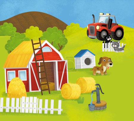 escena de verano de dibujos animados con granja rancho recinto jardín patio trasero y animales felices perro gatos granero gallinero o pocilga con coche vehículo tractor ilustración para niños