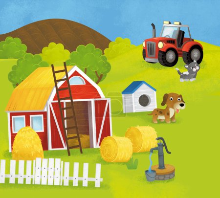 Cartoon-Sommer-Szene mit Bauernhof Ranch Gehege Hinterhof Garten und glückliche Tiere Hund Katzen Scheune Hühnerstall oder Schweinestall mit Auto Fahrzeug Traktor Illustration für Kinder