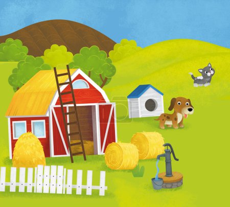 cartoon summer scene with farm ranch enclosure backyard garden and happy animals dog cats barn chicken coop or pigsty with car vehicle tractor illustration for children
