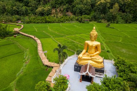 Foto de Viajes aéreos del templo de Na Khuha en medio del campo de arroz, Phrae, Tailandia - Imagen libre de derechos