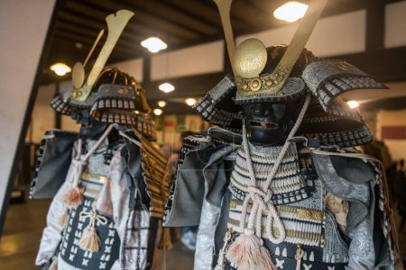 Photo for Traditional samurai Japanese antique armor in Japanese building. Historic Japan warrior monument - Royalty Free Image