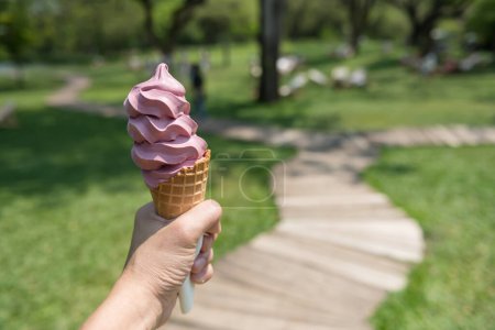 Téléchargez les photos : Crème glacée molle au lait de mûrier noir sur cône de gaufre à gauche dans le parc printanier du café et restaurant en plein air. - en image libre de droit