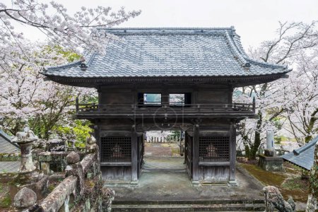 Foto de Yoshiura antiguo santuario de madera que rodea con flor de sakura blanca de cerezos en el Parque Izumi Shikibu, Kashima, Saga, Japón. Destino de viaje famoso, especialmente en temporada de primavera. - Imagen libre de derechos
