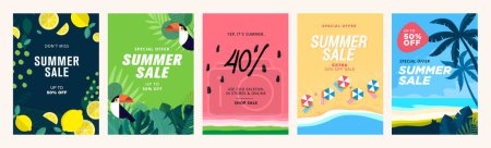 Illustration for Summer sale banners and posters. Set of vector illustrations for web and social media banners, print material, newsletter designs, coupons, marketing. - Royalty Free Image