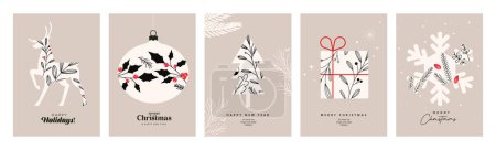 Illustration for Merry Christmas and Happy New Year. Set of vector illustrations for background, greeting card, party invitation card, website banner, social media banner, marketing material. - Royalty Free Image