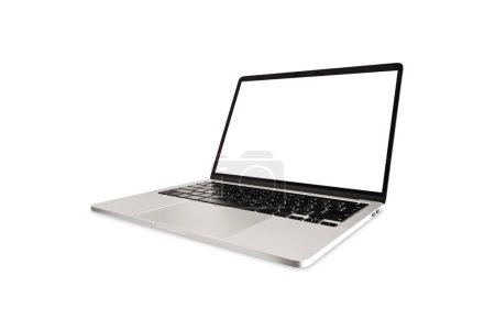 Foto de Computadora portátil con pantalla en blanco aislada sobre fondo blanco incluida ruta de recorte. - Imagen libre de derechos