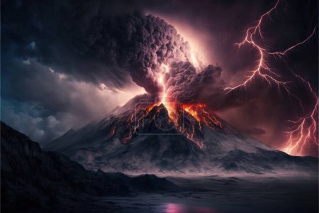 Téléchargez les photos : Volcanic eruption with lava flow and massive dust - en image libre de droit