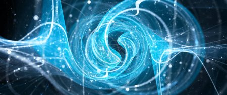 Blue glowing high energy quantum communication in space, computer generated 3D rendering